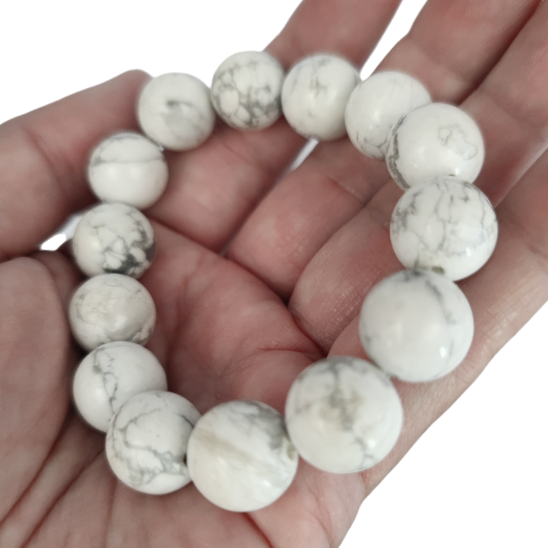 White Howlite Gemstone Bracelet 14mm – Thai Talisman for Calmness & Chakra Balance