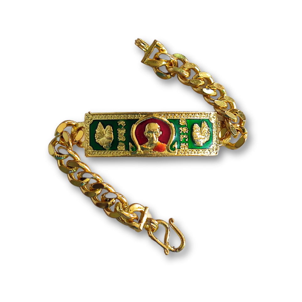 LP Ruay Stainless Steel Bracelet – 7-Inch Gold-Plated Enamel Amulet from Wat Tako for Wealth & Prestige