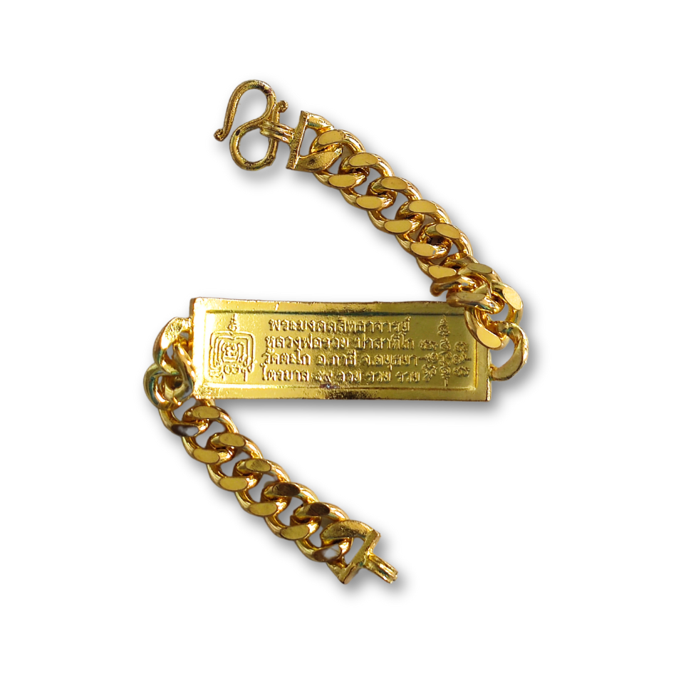 LP Ruay Stainless Steel Bracelet – 7-Inch Gold-Plated Enamel Amulet from Wat Tako for Wealth & Prestige