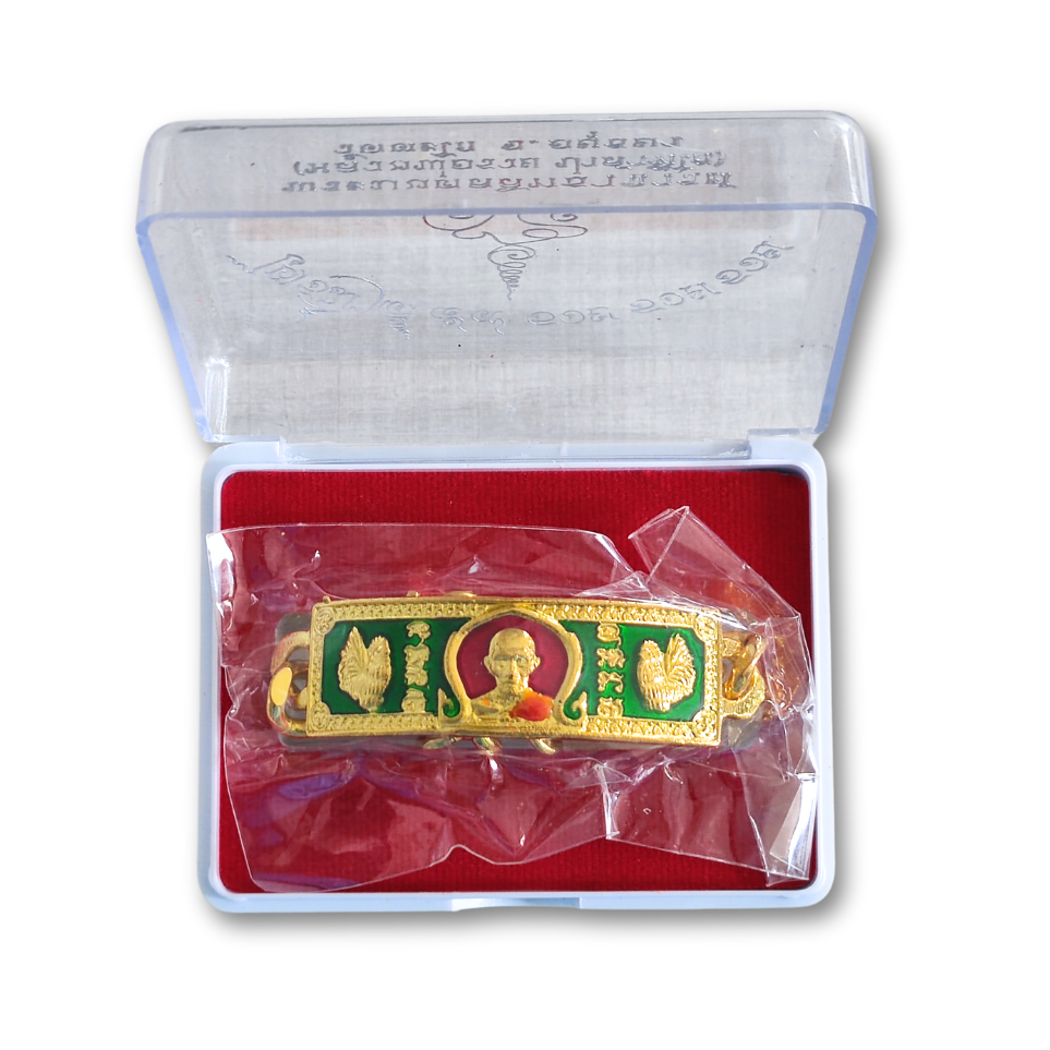 LP Ruay Stainless Steel Bracelet – 7-Inch Gold-Plated Enamel Amulet from Wat Tako for Wealth & Prestige