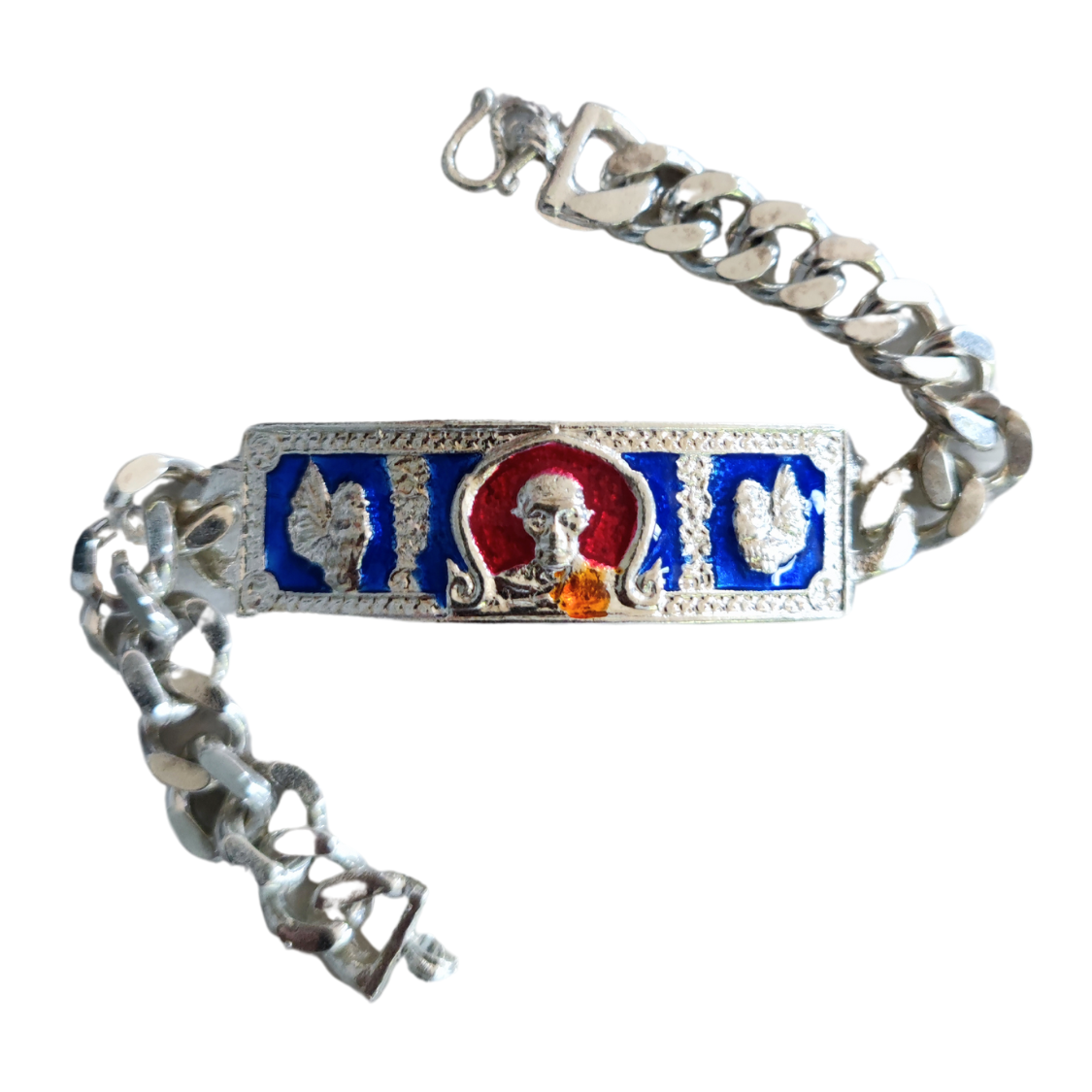 LP Ruay Silver Enamel Bracelet – 7-Inch Stainless Steel Amulet from Wat Tako for Wealth & Prestige
