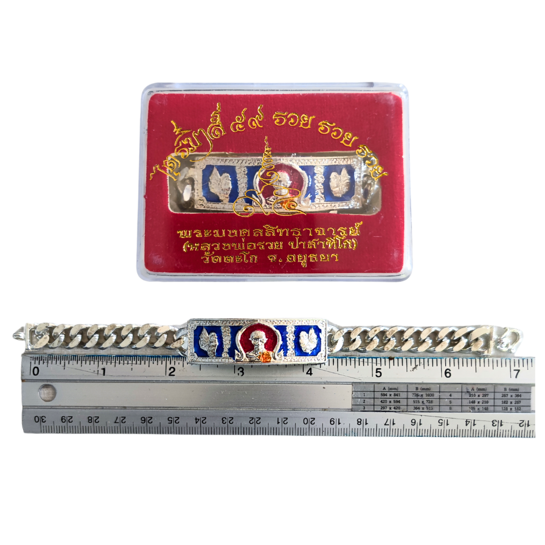 LP Ruay Silver Enamel Bracelet – 7-Inch Stainless Steel Amulet from Wat Tako for Wealth & Prestige