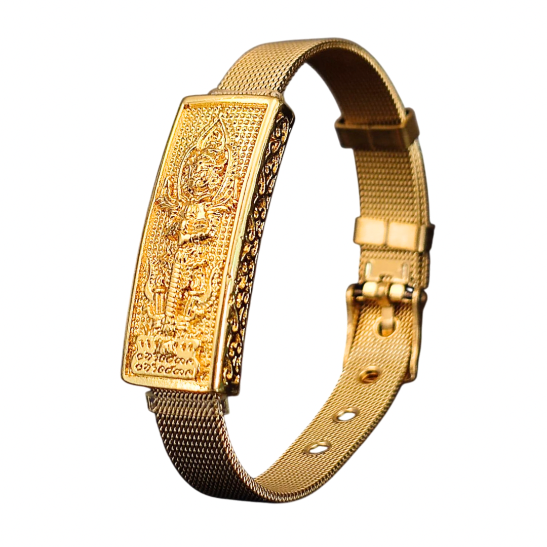 Thao Wessuwan Gold-Tone Adjustable Bangle – Thick Buckle Thai Amulet Bracelet for Protection & Wealth