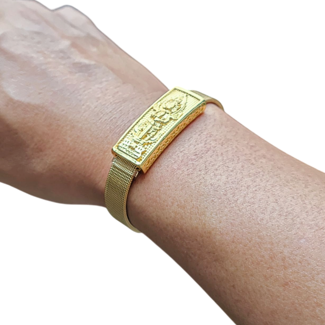 Thao Wessuwan Gold-Tone Adjustable Bangle – Thick Buckle Thai Amulet Bracelet for Protection & Wealth