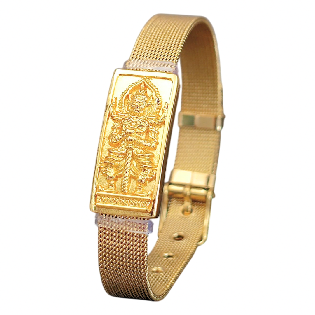 Thao Wessuwan Gold-Tone Adjustable Bangle – Thin Buckle Thai Amulet Bracelet for Protection & Wealth