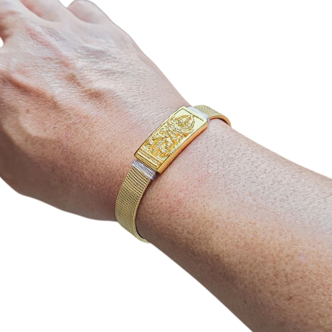 Thao Wessuwan Gold-Tone Adjustable Bangle – Thin Buckle Thai Amulet Bracelet for Protection & Wealth