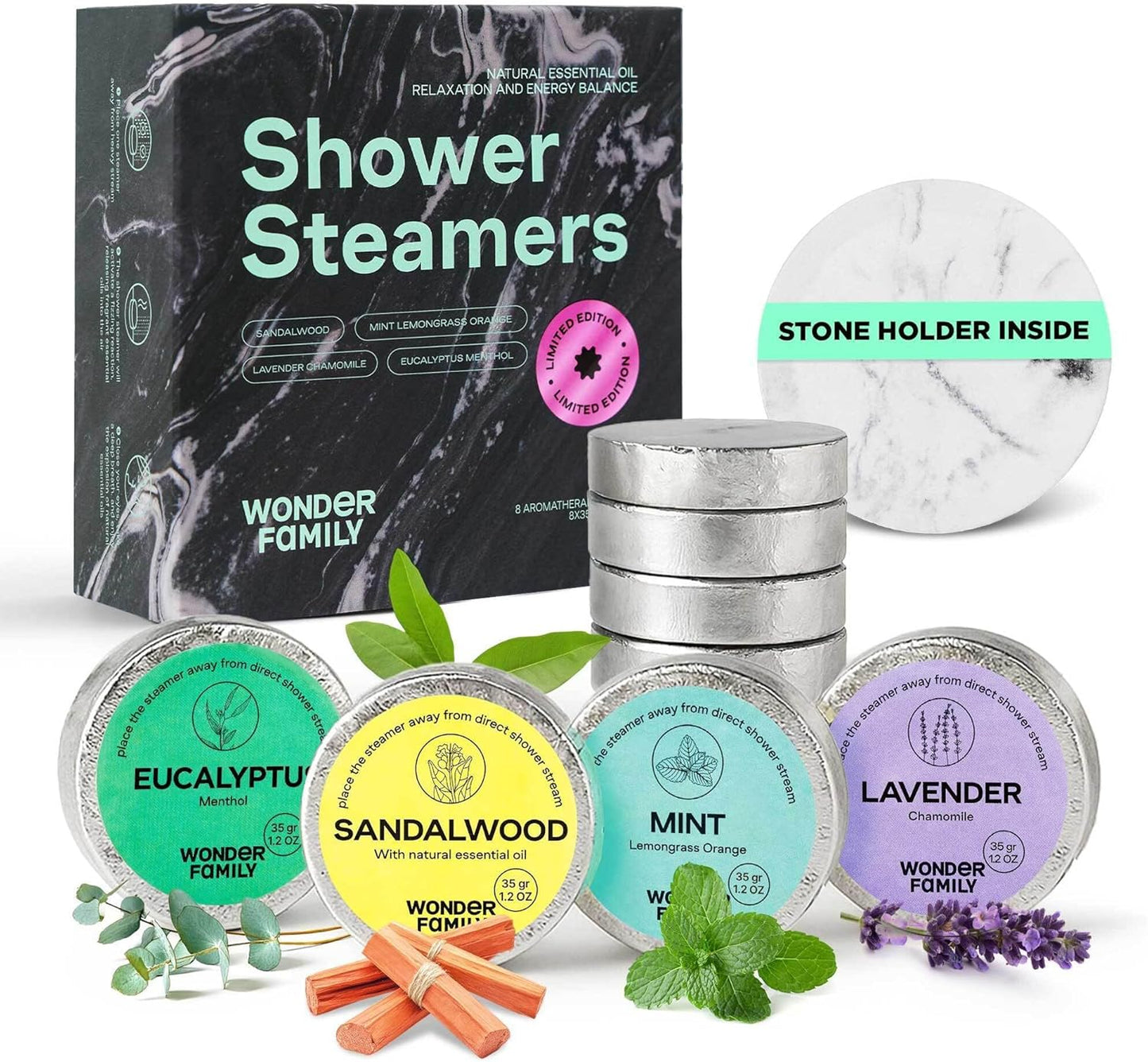 Aromatherapy Shower Steamer Set | 8-Pack for Sinus Relief & Relaxation | Lavender, Eucalyptus, Mint & Sandalwood with Stone Tray
