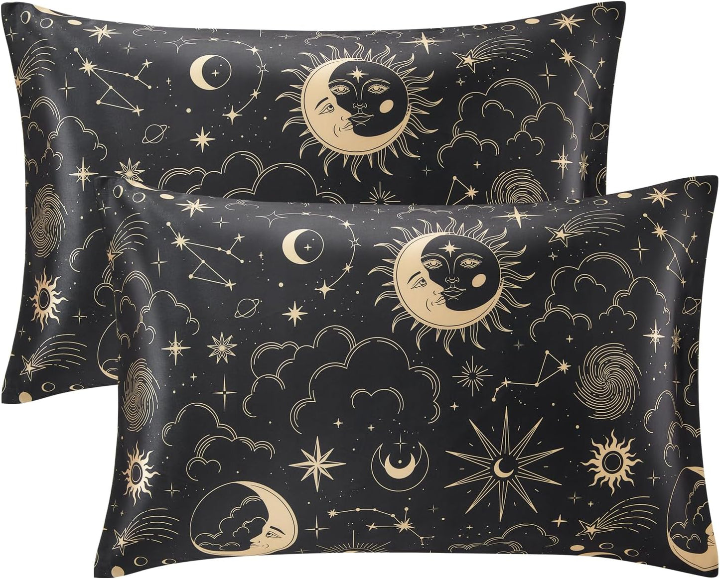EXQ Satin Pillowcase Set (2-Pack) | Smooth 20x30" Covers for Hair & Skin | Envelope Closure | Black Printed | Queen Size