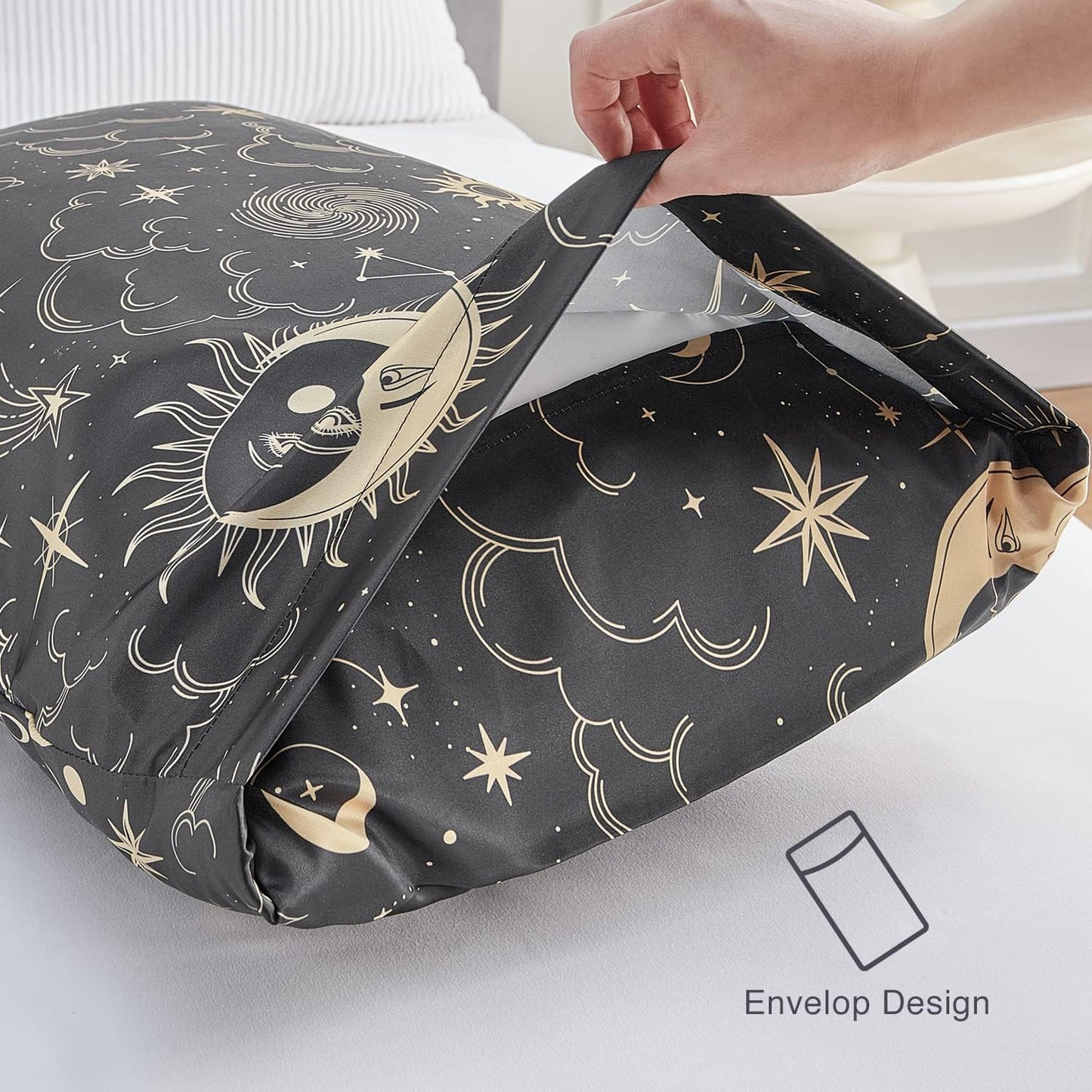 EXQ Satin Pillowcase Set (2-Pack) | Smooth 20x30" Covers for Hair & Skin | Envelope Closure | Black Printed | Queen Size