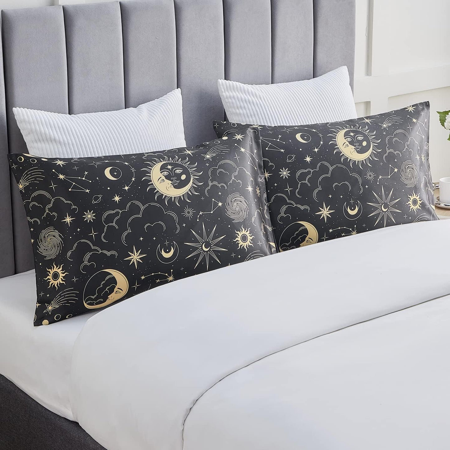 EXQ Satin Pillowcase Set (2-Pack) | Smooth 20x30" Covers for Hair & Skin | Envelope Closure | Black Printed | Queen Size