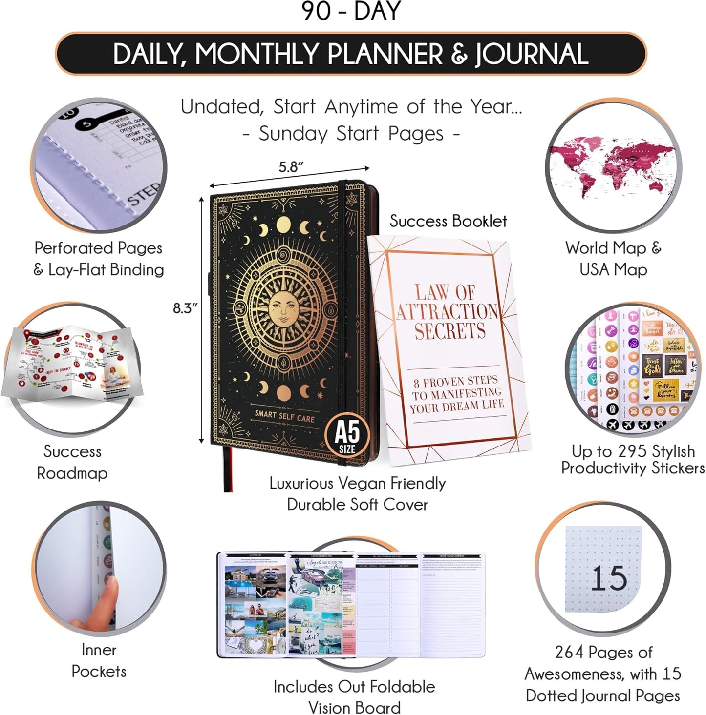 Self-Care & Gratitude Journal | 90-Day Undated Guided Planner for Positivity, Mindfulness & Manifestation | Vision Board & Stickers Included
