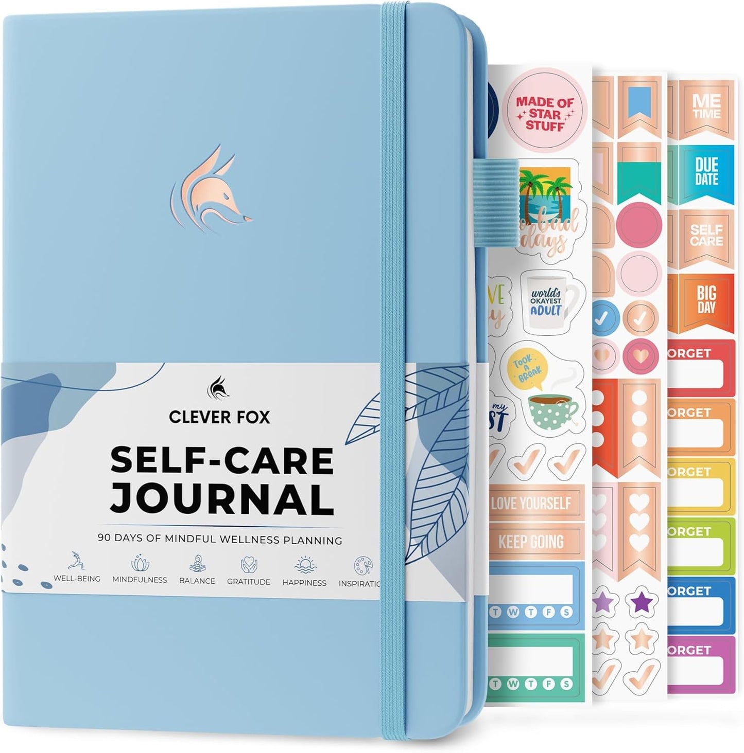 Clever Fox Self-Care Journal | 90-Day Daily Reflection & Mood Tracker | Guided Wellness Planner in Light Blue (A5)