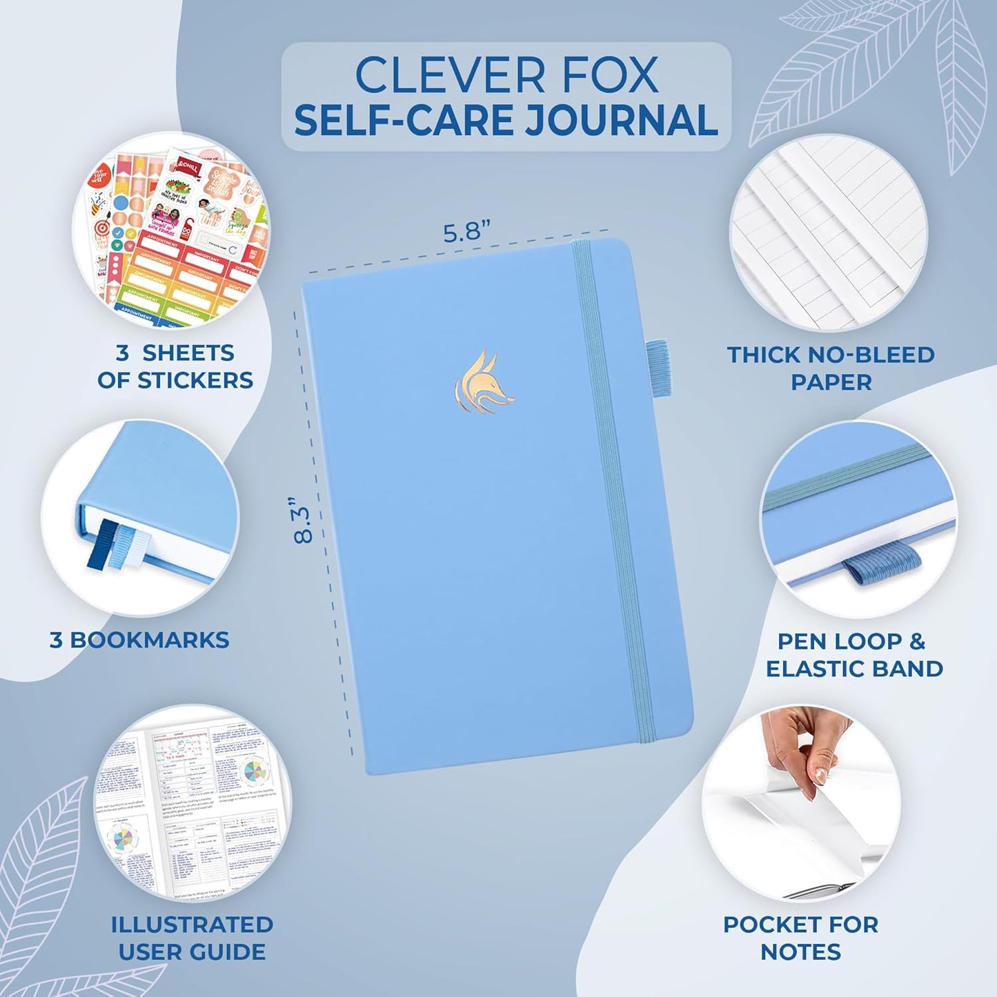 Clever Fox Self-Care Journal | 90-Day Daily Reflection & Mood Tracker | Guided Wellness Planner in Light Blue (A5)