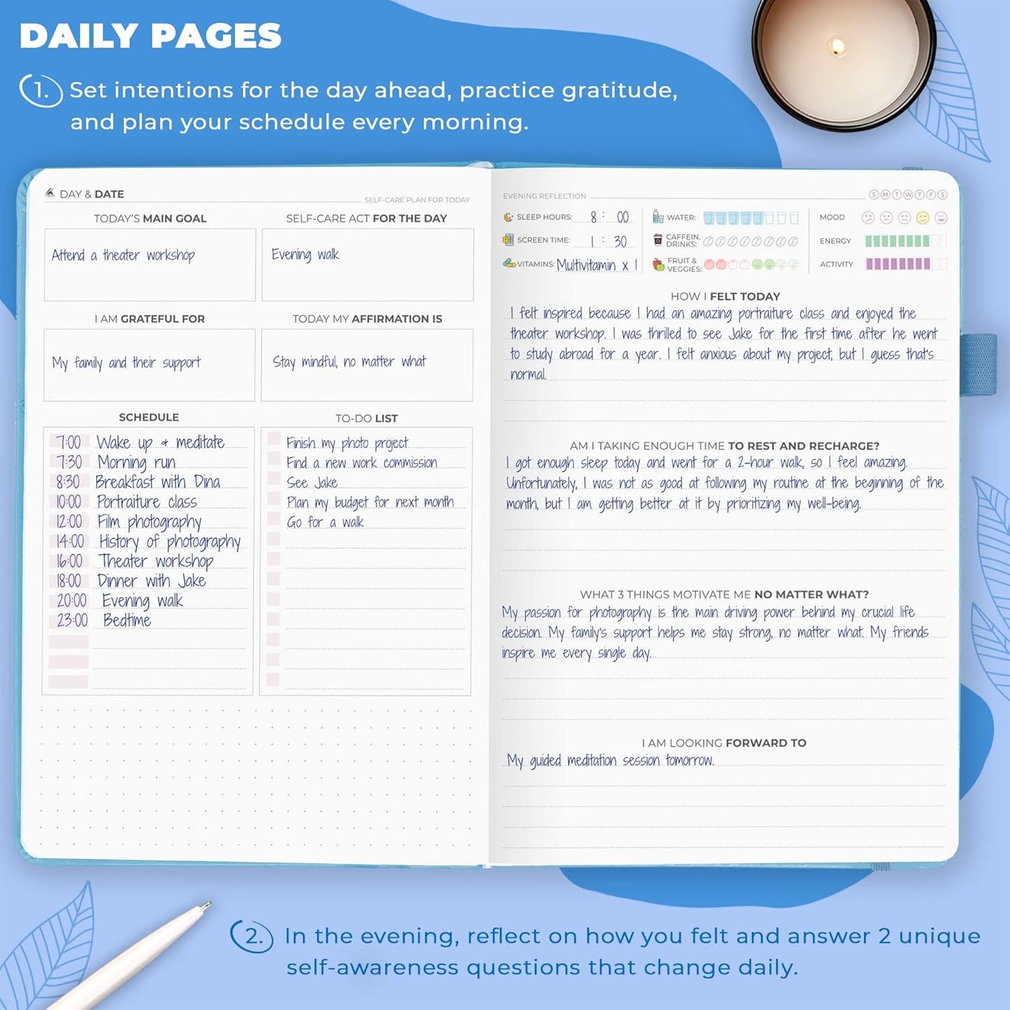 Clever Fox Self-Care Journal | 90-Day Daily Reflection & Mood Tracker | Guided Wellness Planner in Light Blue (A5)