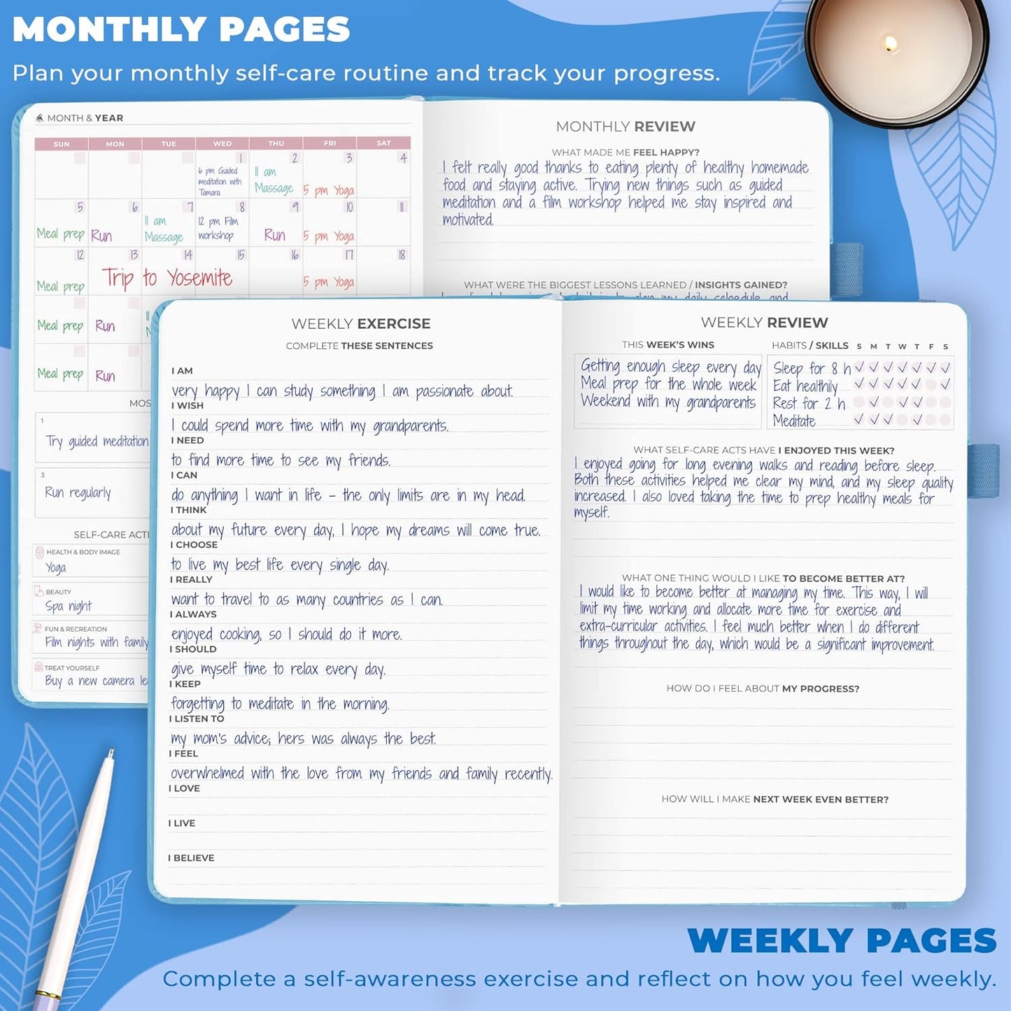 Clever Fox Self-Care Journal | 90-Day Daily Reflection & Mood Tracker | Guided Wellness Planner in Light Blue (A5)