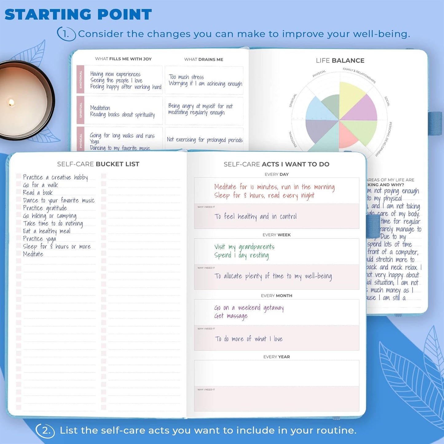 Clever Fox Self-Care Journal | 90-Day Daily Reflection & Mood Tracker | Guided Wellness Planner in Light Blue (A5)