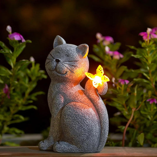 Nacome Solar Cat Garden Statue – Outdoor Decor with Butterfly Light for Porch, Patio & Yard Art