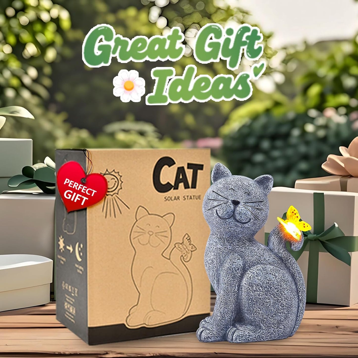 Nacome Solar Cat Garden Statue – Outdoor Decor with Butterfly Light for Porch, Patio & Yard Art
