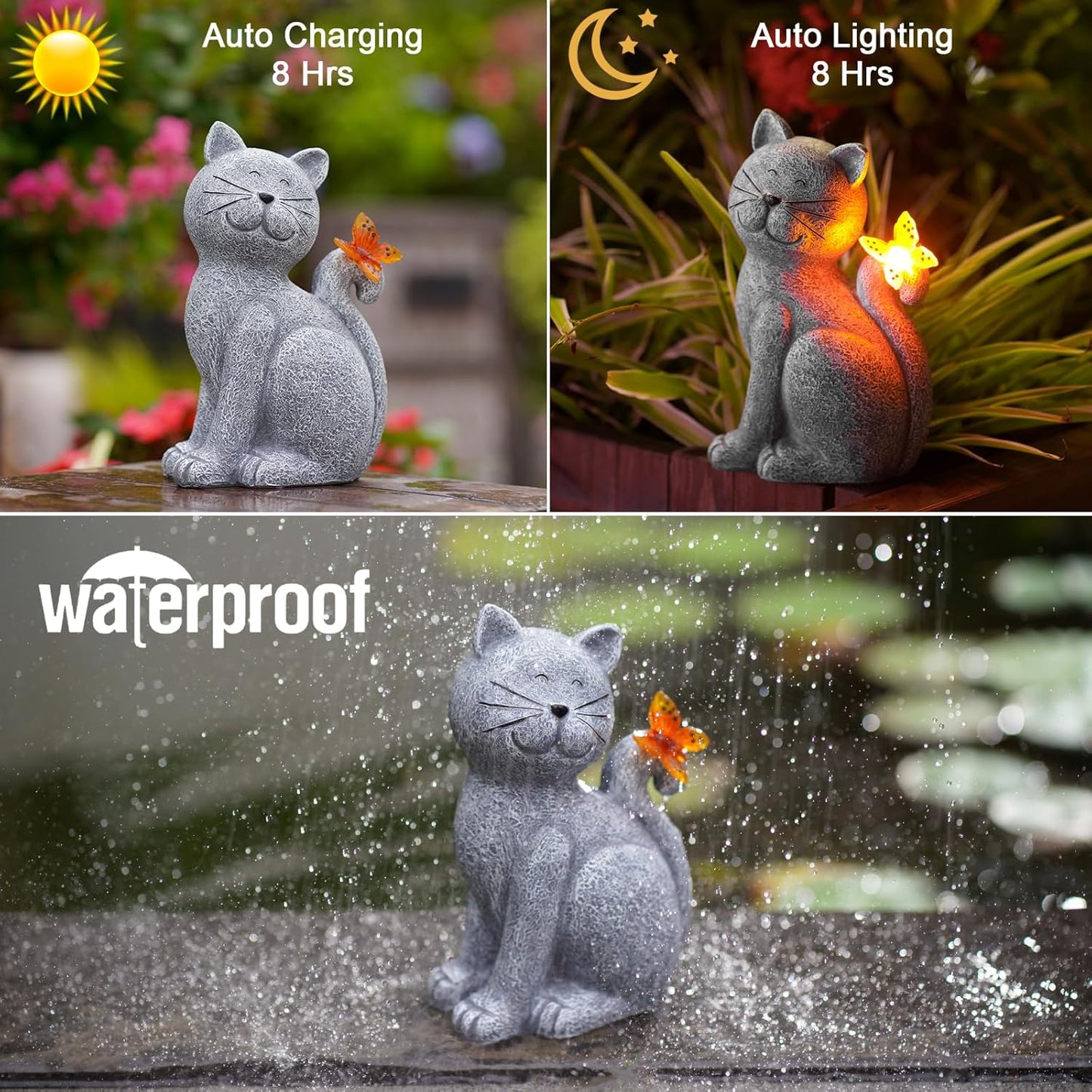 Nacome Solar Cat Garden Statue – Outdoor Decor with Butterfly Light for Porch, Patio & Yard Art