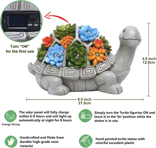 Nacome Solar Garden Outdoor Turtle Statue with Succulent & 7 LED Lights – Charming Patio & Lawn Decor