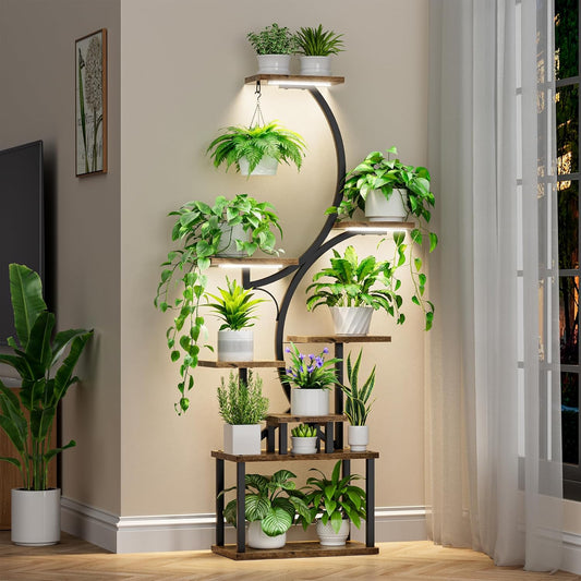 8-Tier Indoor Plant Stand with Grow Lights – 62" Tall Metal Corner Shelf for Multiple Plants