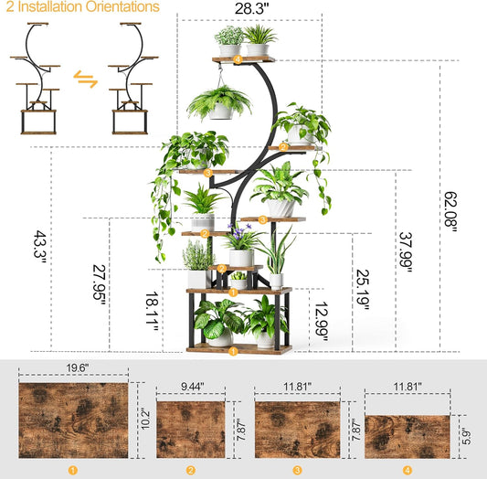 8-Tier Indoor Plant Stand with Grow Lights – 62" Tall Metal Corner Shelf for Multiple Plants