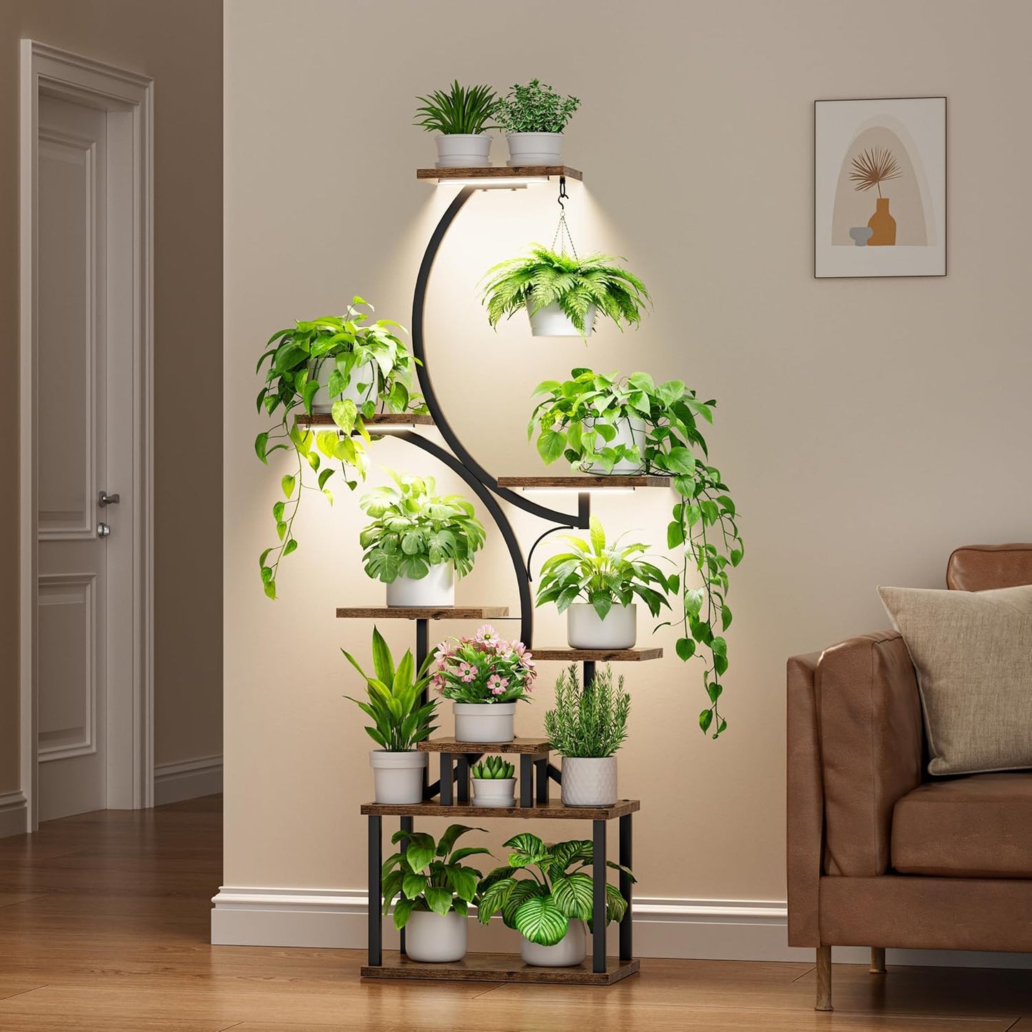 8-Tier Indoor Plant Stand with Grow Lights – 62" Tall Metal Corner Shelf for Multiple Plants