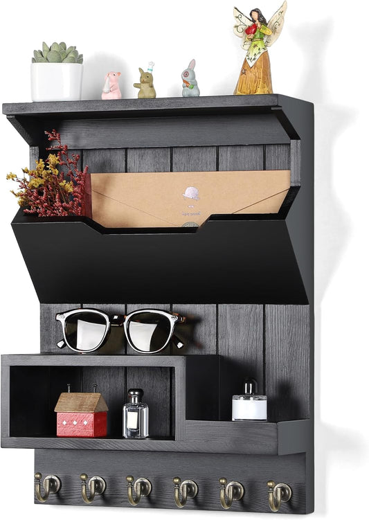 Wall-Mounted Key Holder & Mail Organizer – Pine Wood Black Rack with 6 Key Hooks for Home & Entryway Decor