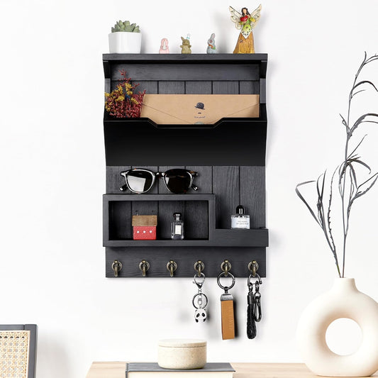 Wall-Mounted Key Holder & Mail Organizer – Pine Wood Black Rack with 6 Key Hooks for Home & Entryway Decor