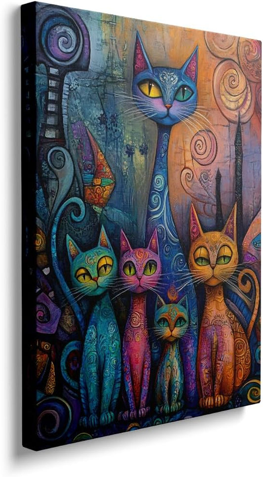 Colorful Cat Wall Art – Abstract Feline Canvas Print, 30x40cm Framed Home Decor for Living Room & Kitchen