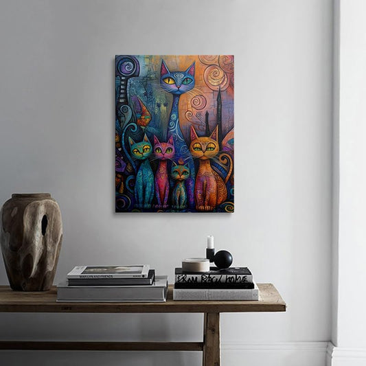 Colorful Cat Wall Art – Abstract Feline Canvas Print, 30x40cm Framed Home Decor for Living Room & Kitchen