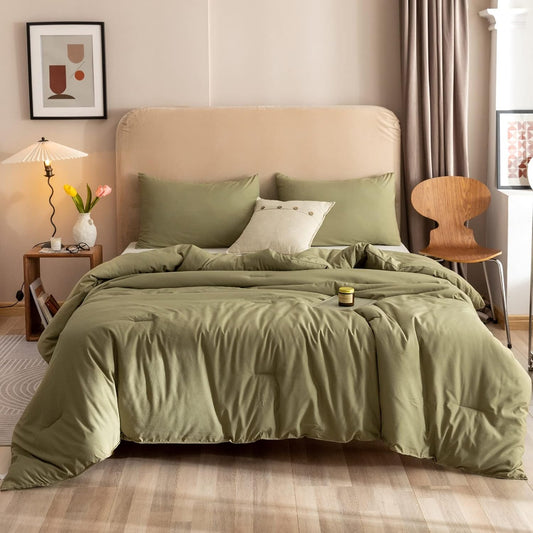 ROSGONIA 3-Piece Comforter Set | Queen Size Olive Green Boho Bedding | Lightweight Quilt & Pillowcases for All Seasons