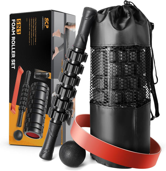 5‑in‑1 Deep Tissue Recovery Set | Foam Roller, Massage Stick, Ball & Band with Tote Bag | Black‑Red