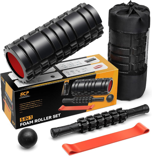 5‑in‑1 Deep Tissue Recovery Set | Foam Roller, Massage Stick, Ball & Band with Tote Bag | Black‑Red