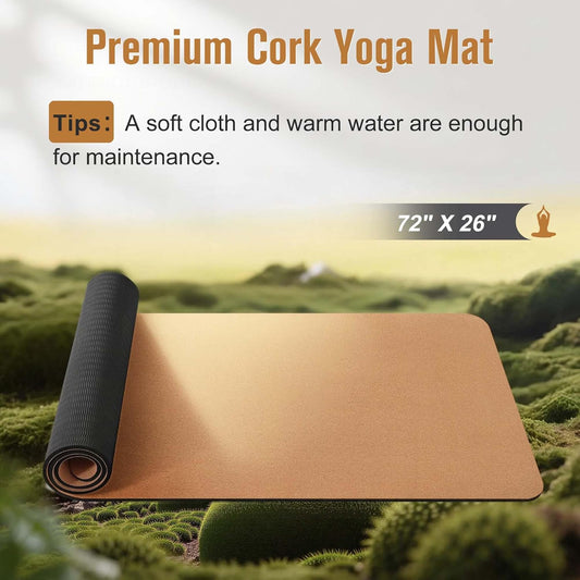 Premium Cork Yoga Mat | Eco-Friendly Non-Slip 72"x26" | Thick TPE Base for Hot Yoga & Comfort Support