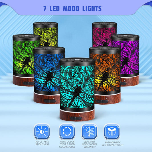 Kobodon Dragonfly Metal Essential Oil Diffuser | 150 ml Ultrasonic Cool Mist with 7-Color Light | Whisper-Quiet Humidifier