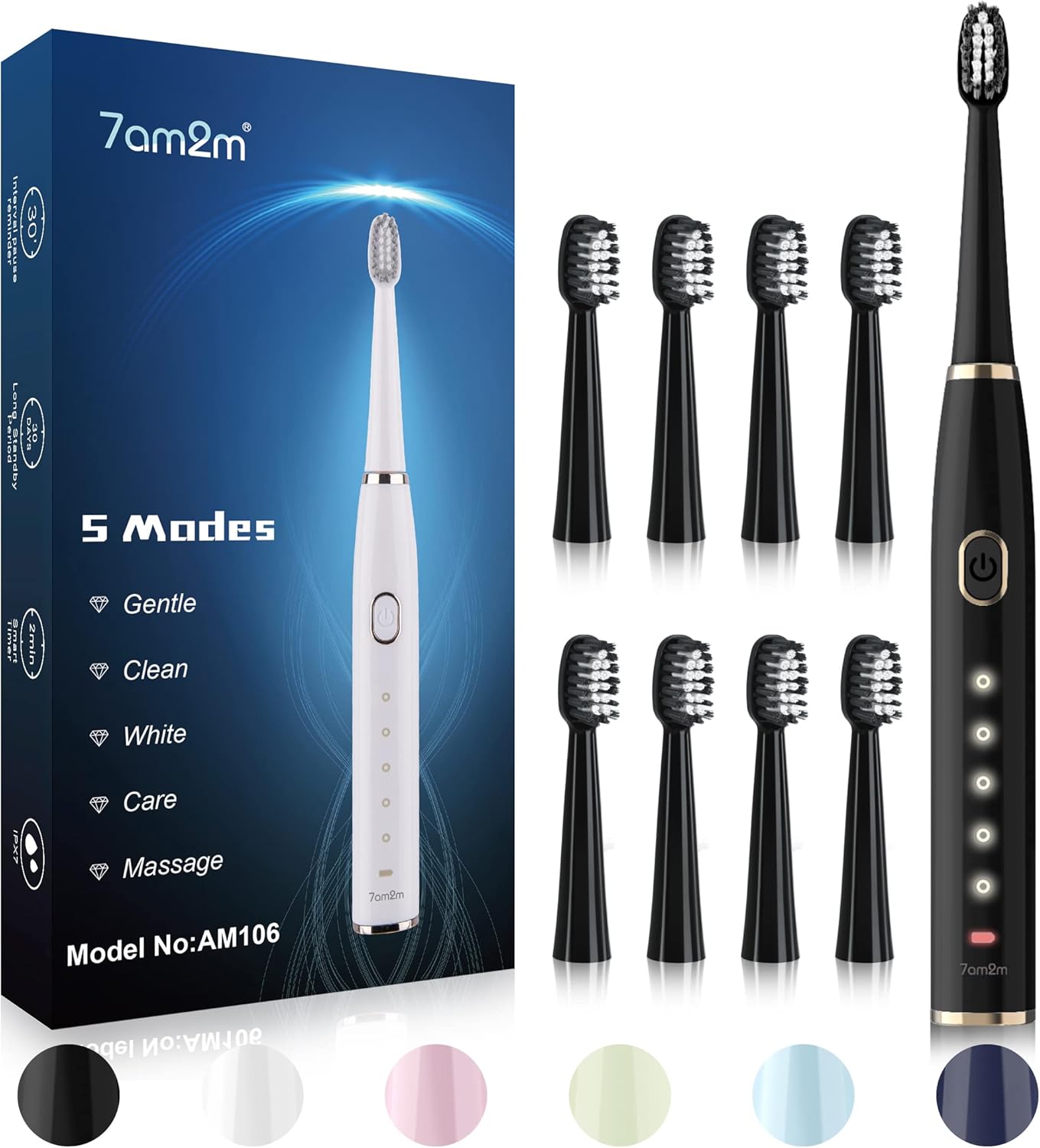 7AM2M Sonic Electric Toothbrush – 5 Modes, 8 Brush Heads, Timer (Black)