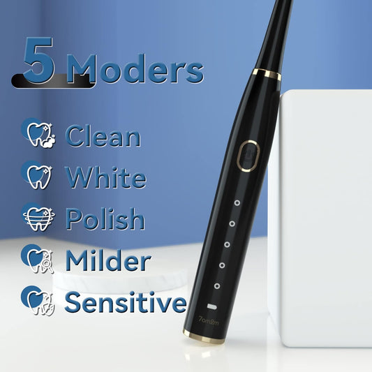 7AM2M Sonic Electric Toothbrush – 5 Modes, 8 Brush Heads, Timer (Black)
