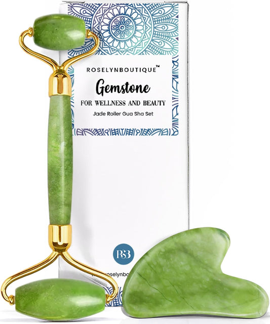 ROSELYNBOUTIQUE Jade Roller & Gua Sha Set – Natural Skincare Tools (Green)