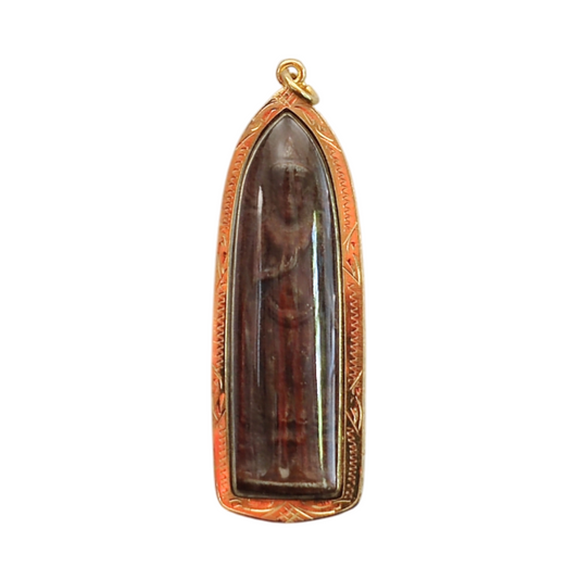 Traditional Thai Buddhist talisman with gold-plated casing and engraved details