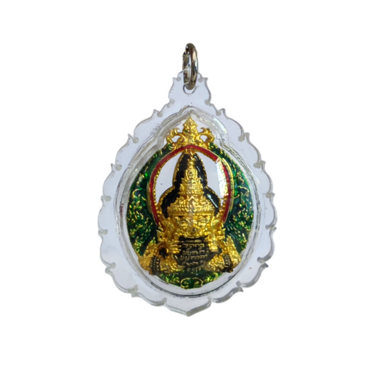 Traditional Thai Buddhist talisman Rahu Om Jan Coin with clear casing and engraved details
