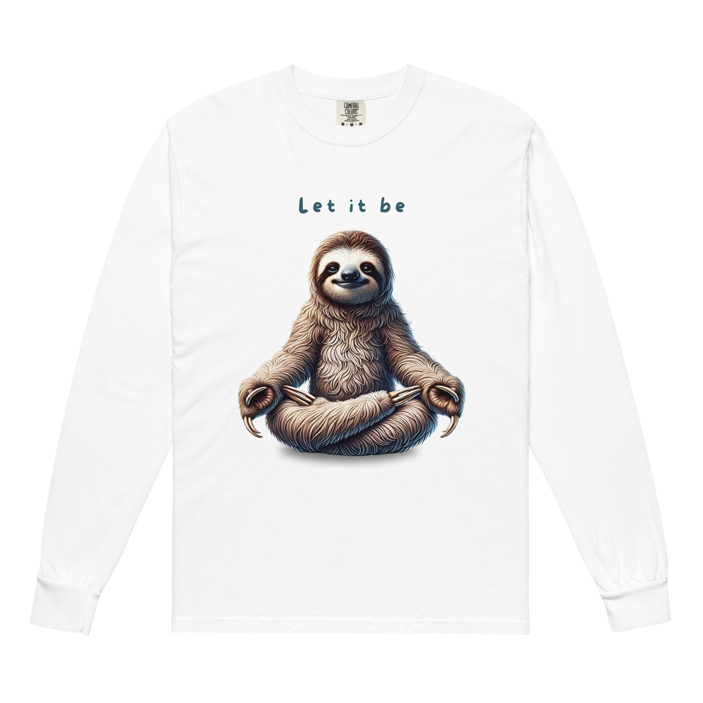 Unisex hoodie with a meditating sloth in lotus pose and the phrase “Let it be” – calming zen-style design for mindfulness and relaxation lovers.