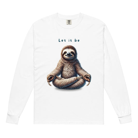 Unisex hoodie with a meditating sloth in lotus pose and the phrase “Let it be” – calming zen-style design for mindfulness and relaxation lovers.