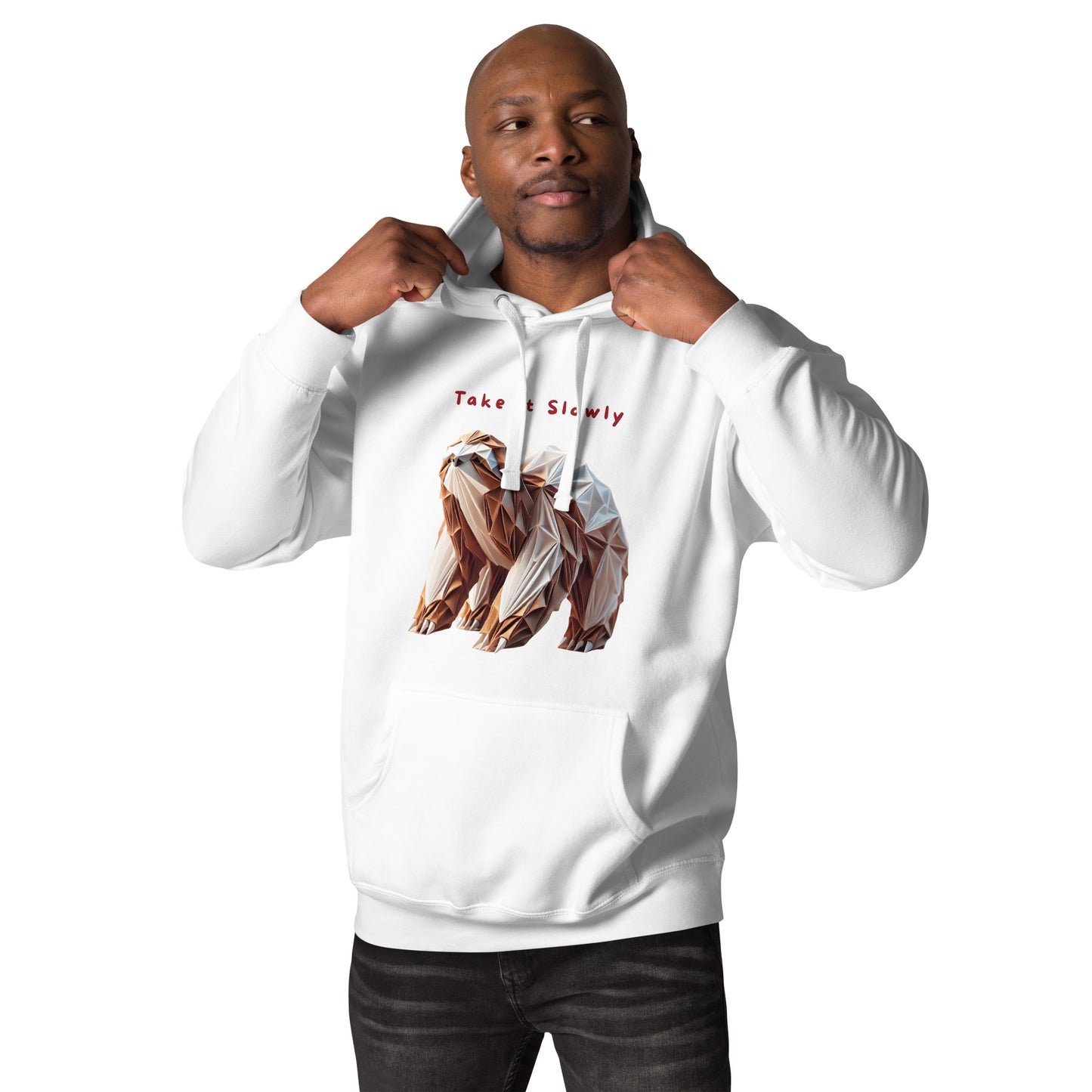 Minimalist hoodie featuring a geometric origami-style sloth with the phrase "Take It Slowly" – unisex design for slow living enthusiasts.