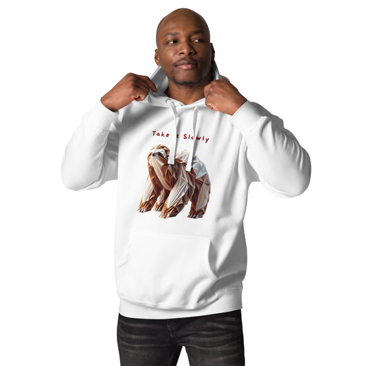 Minimalist hoodie featuring a geometric origami-style sloth with the phrase "Take It Slowly" – unisex design for slow living enthusiasts.