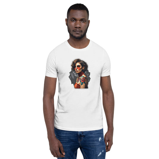 Artistic T-shirt with abstract line patterns in neutral tones